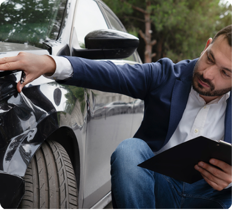 Person in business attire examining damage to a vehicle door